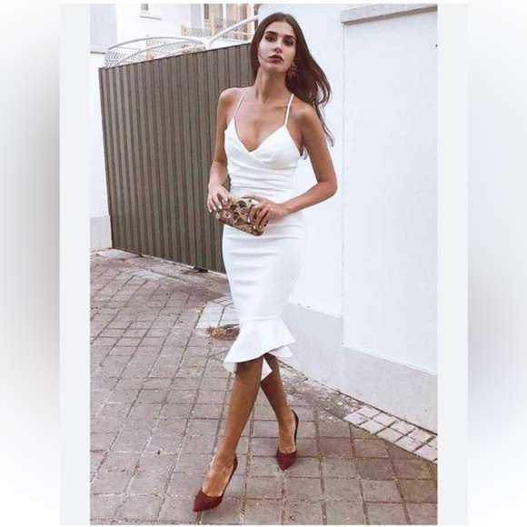 ASOS White scuba material midi asymmetrical wedding bridal dress size 6 - Picture 2 of 16